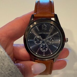 Van Heusen Black Dial with Brown Leather Strap Watch